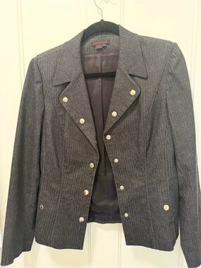 Simon Chang Dark Charcoal Pinstripe Blazer with Gold Buttons